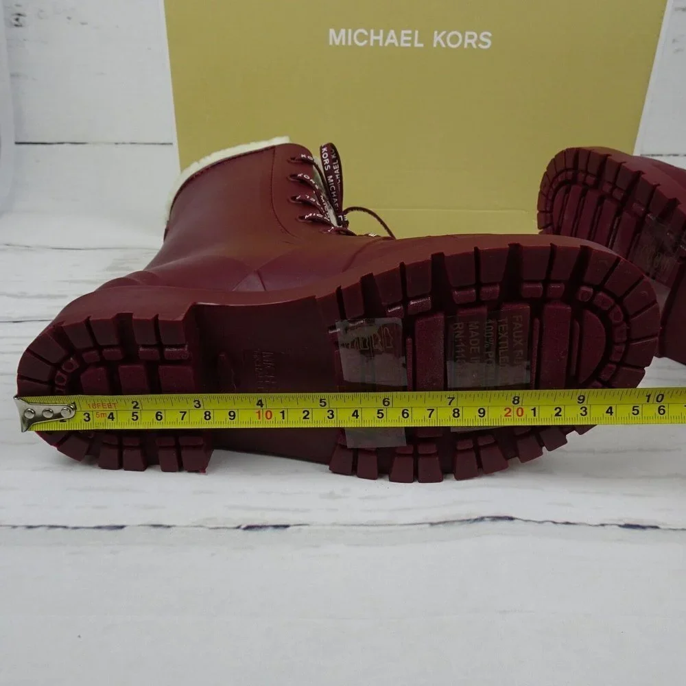 MICHAEL Michael Kors Women's Montaigne Rain Boots Faux Fur Logo Dark Berry New 6